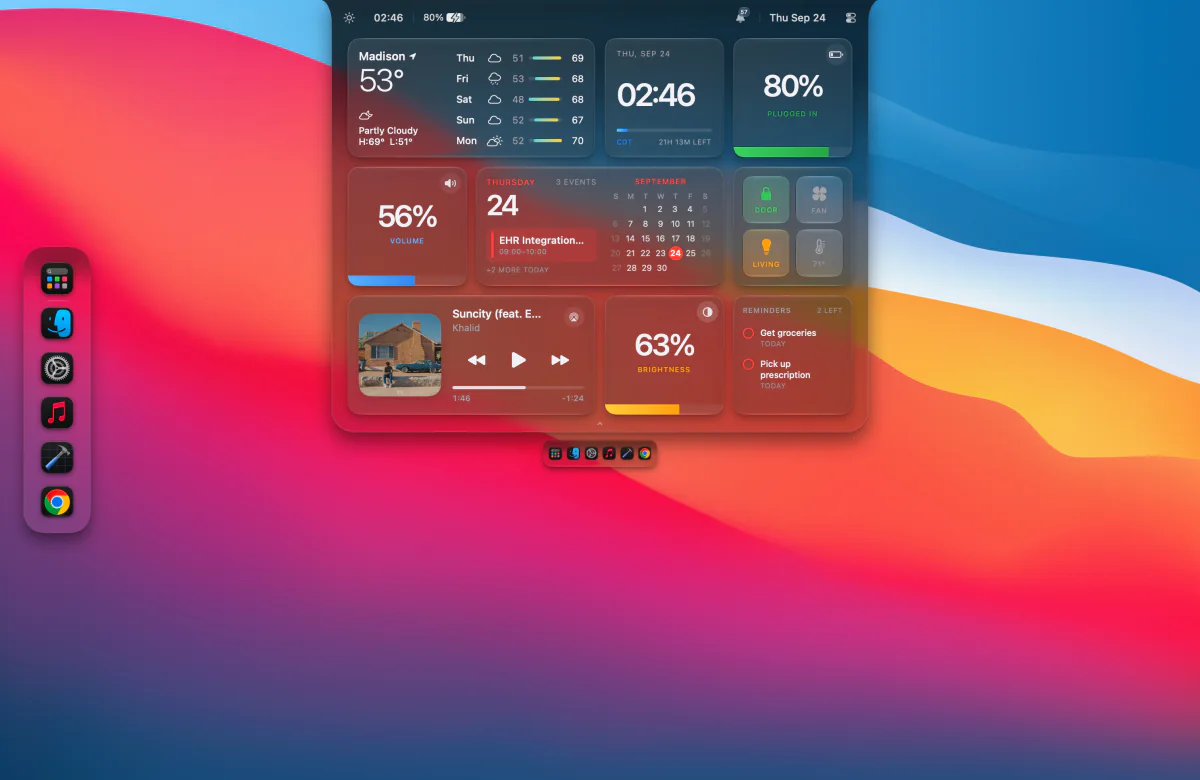A Mac desktop with the N8Island dashboard open, the edge dock on the left, and the recent apps dock below, dark appearance