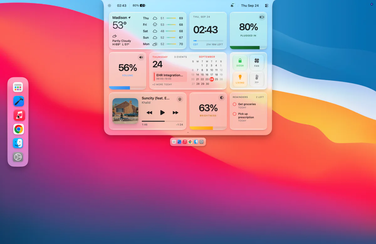 A Mac desktop with the N8Island dashboard open, the edge dock on the left, and the recent apps dock below, light appearance