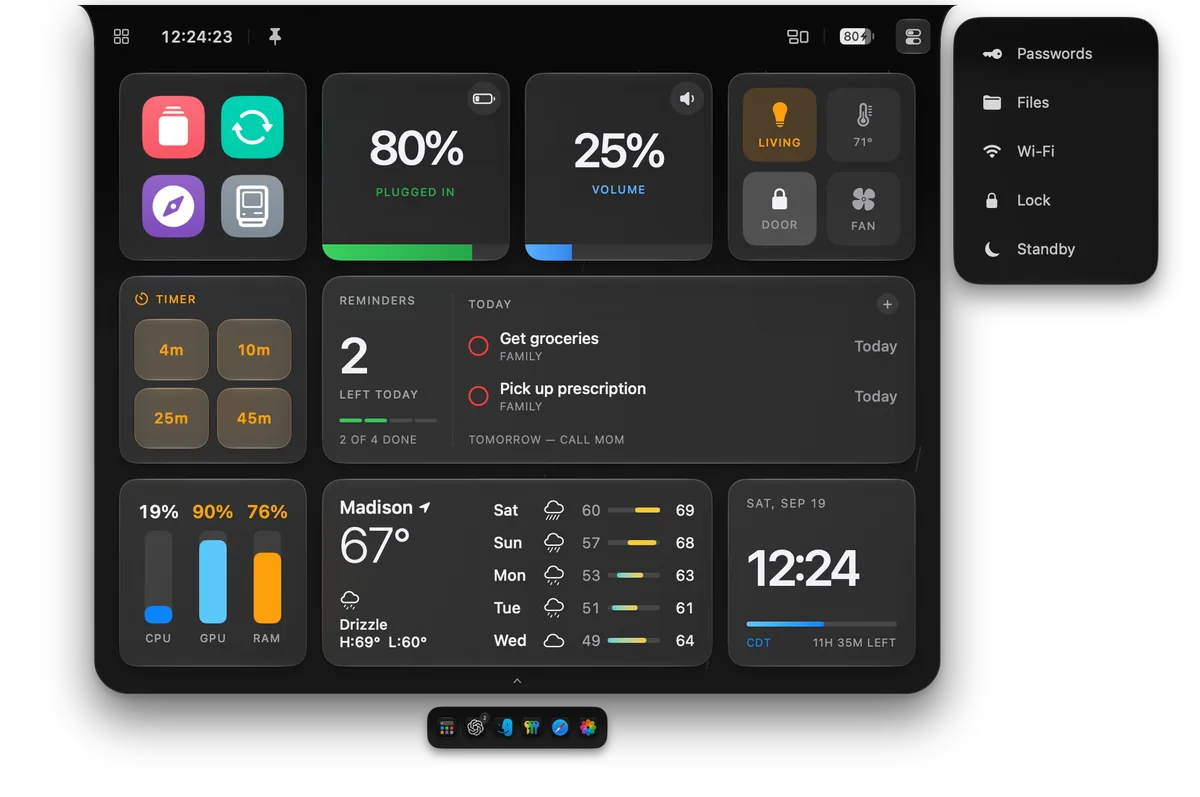 The real N8Island dashboard and open quick menu, dark appearance