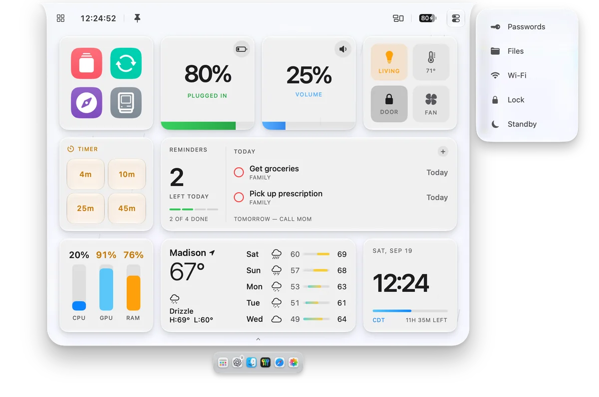 The real N8Island dashboard and open quick menu, light appearance