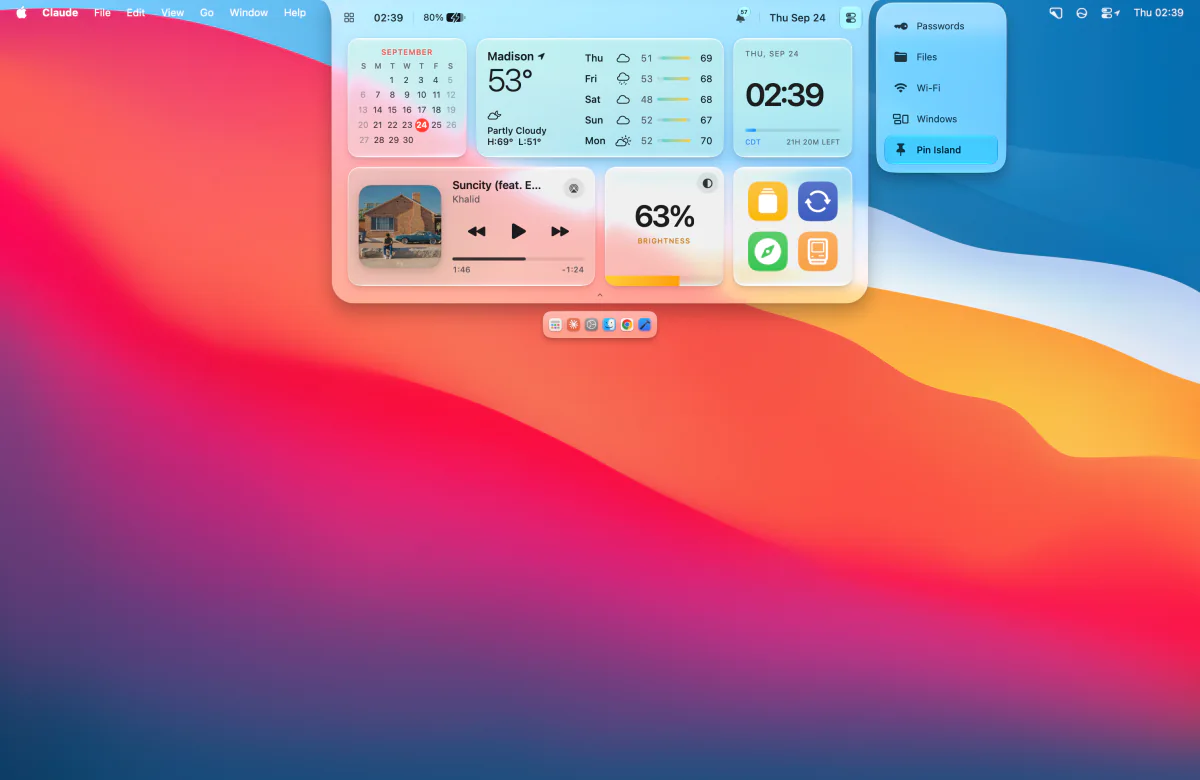 The N8Island quick menu open beside the Island on a Mac desktop, light appearance